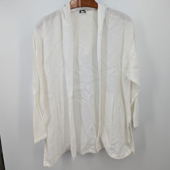 Eileen Fisher L White Hooded Cardigan 100% Linen Open Front Deep Pockets Beach - Picture 2 of 7